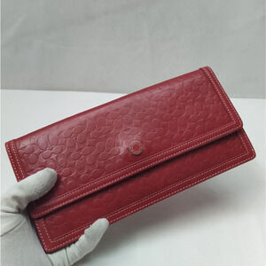 Coach Red Leather C Embossed Credit Card Bifold Envelope Long Wallet
